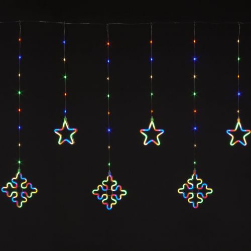 175cm x 105cm Star & Snowflake Curtain with 8 Multi Colour Drops