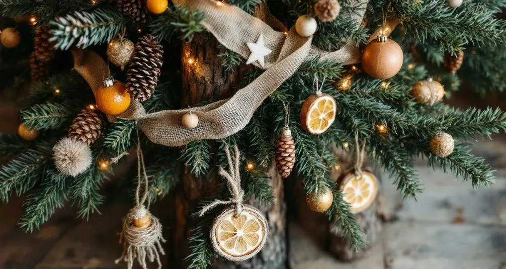 A rustic woodland Christmas tree is beautifully decorated with pinecones, burlap ribbon, and natural ornaments, showcasing a layered depth that adds visual interest. The combination of textures and traditional decorations creates a warm and inviting festive atmosphere.
